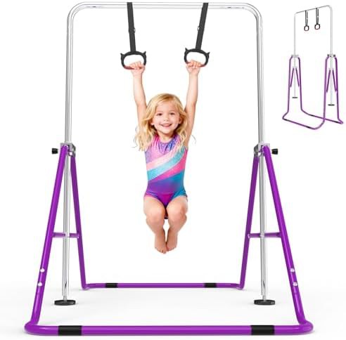 Purple adjustable gymnastics bar with rings