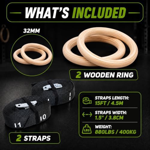 Wooden 32mm rings with 15 foot straps — photo 3