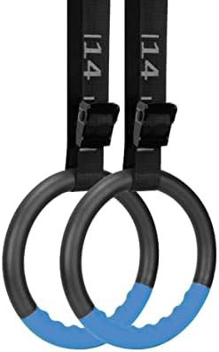 Blue gymnastic rings with numbered webbing