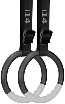 Grey gymnastic rings with numbered straps