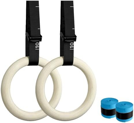 Wooden gymnastic rings with numbered straps